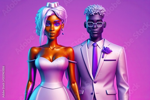 Getting Married in the Metaverse. Metaverse Avatar on wedding ceremony the Metaverse virtual reality. 3d neon digatal avatar of couple. In-game character for metaverse. AI generative photo