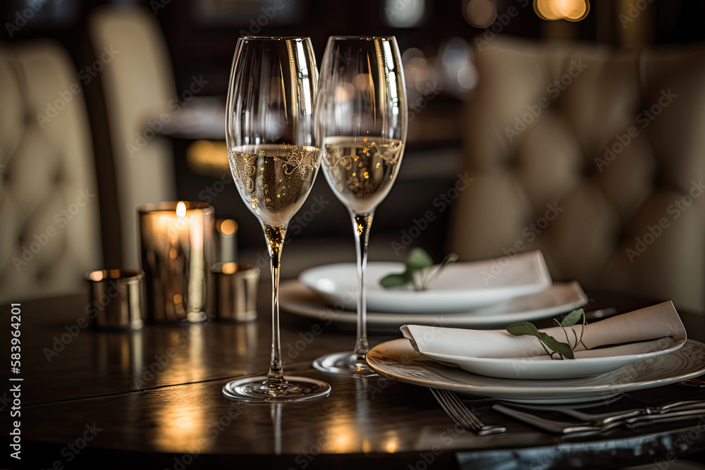 Restaurant interior with two glasses of champagne on the table. Romantic dating in luxury restaurant. Decorations for event. Created with Generative AI Restaurant interior with two glasses of champagne on the table. Romantic dating in luxury restaurant. Decorations for event. Created with Generative AI