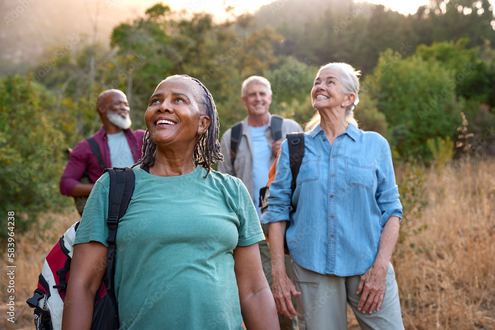 Group Of Senior Friends Enjoying Hiking Through Countryside Together Group Of Senior Friends Enjoying Hiking Through Countryside Together