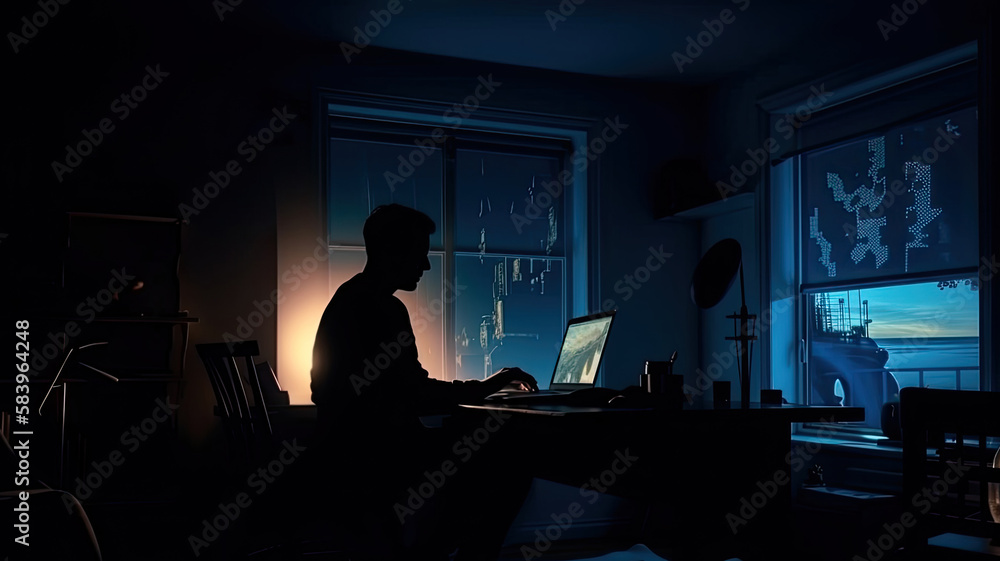 Man works from home use laptop at night, overwork burnout, freelancer works remote at home workplace. Created with Generative ai Man works from home use laptop at night, overwork burnout, freelancer works remote at home workplace. Created with Generative ai