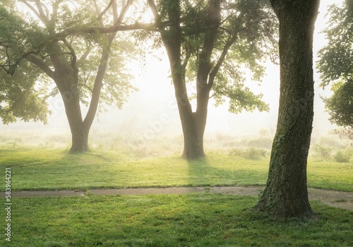 Scenic view of a green tree in Champions Park in Louisville, Kentucky at a foggy sunrise