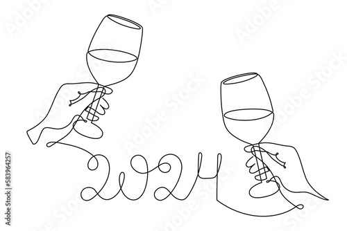 Hands hold wine clinking glasses celebrating 2024 new year,one line art,continuous drawing contour.Cheers toast,festive hand drawn holidaydecoration ,simple minimalist design.Editable stroke.Isolated. photo