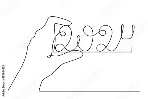 Hand holds 2024 one line art, hand drawn continuous contour. Holiday concept, festive New year handwriting text, minimalist design. Editable stroke. Isolated. Vector illustration