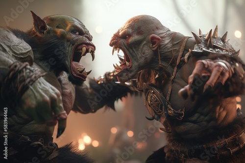 Two Orcs are fighting each other. Cinematic and realistic look. Generative AI.