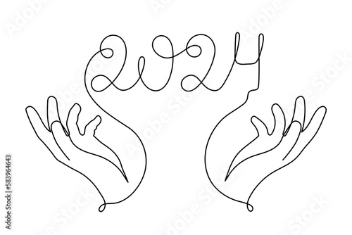 Hands hold 2024 one line art, hand drawn continuous contour. Holiday concept, festive New year handwriting text, minimalist design. Editable stroke. Isolated. Vector illustration