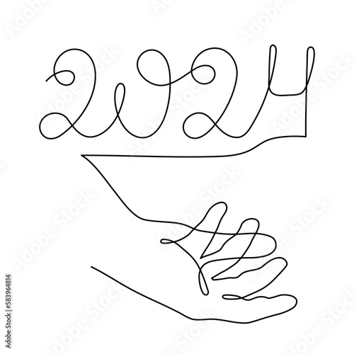 Hand holds 2024 one line art, hand drawn continuous contour. Holiday concept, festive New year handwriting text, minimalist design. Editable stroke. Isolated. Vector illustration
