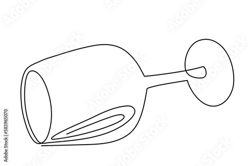 Wine glass lies one line art,continuous drawing contour.Hand drawn decoration for malversation and addiction,alcoholism concept.Editable stroke. Isolated.Vector ilustration