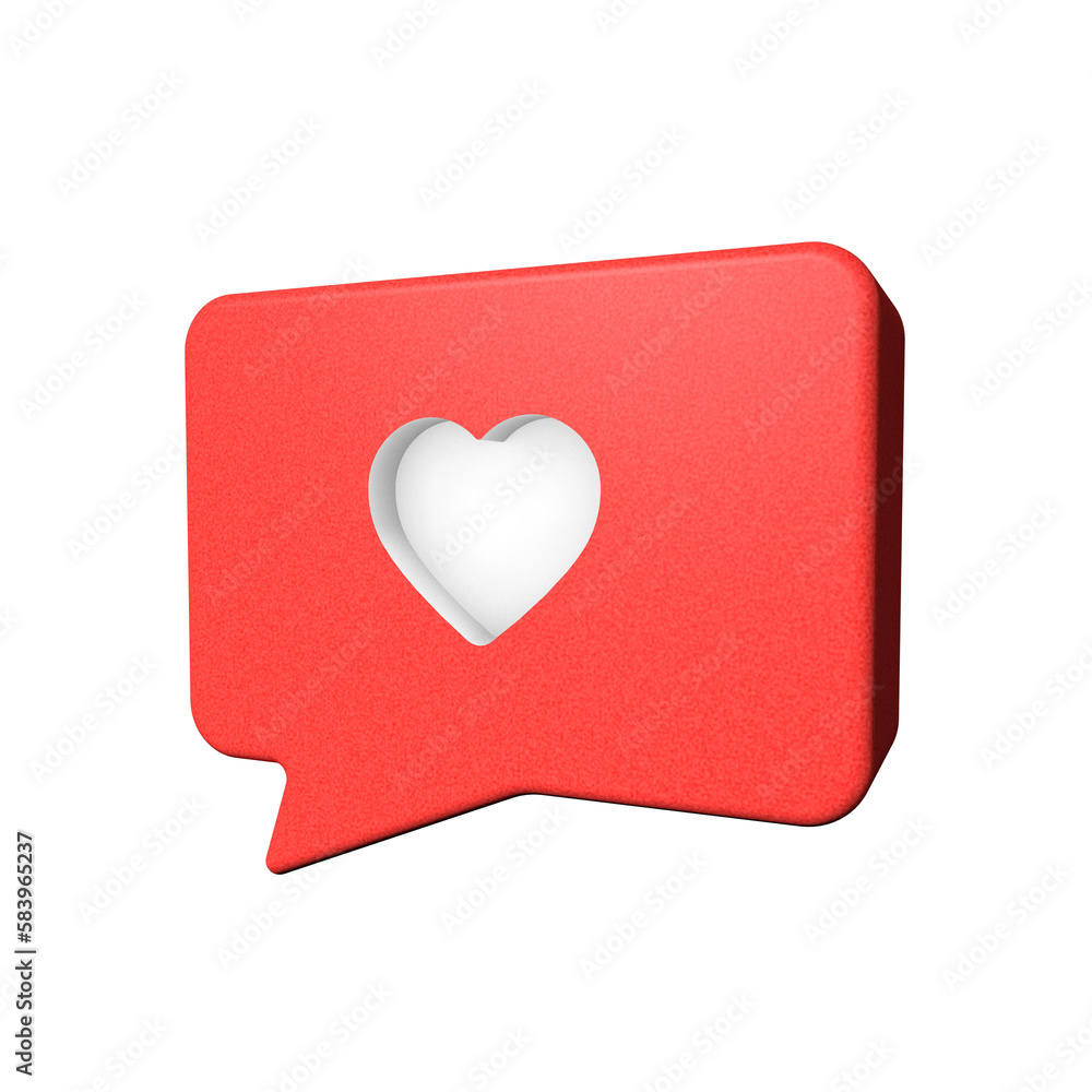 Ícono de notificación de redes sociales en burbuja 3D de corazón - obrazy, fototapety, plakaty 
