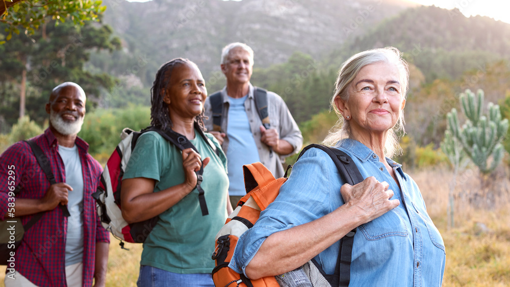Group Of Senior Friends Enjoying Hiking Through Countryside Together Group Of Senior Friends Enjoying Hiking Through Countryside Together