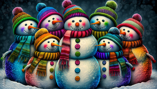 merry christmas and happy new year greeting card Happy snowman.Snow background.selective focus, Generative Ai © giorgi