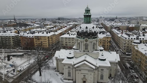 Aerial video of Stockholm, Sweden, Gustaf Vasa Odenplan church photo