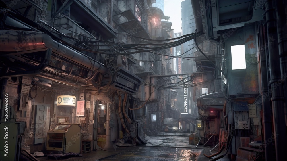 Dark futuristic city in the style of cyberpunk. Gloomy street with neon lights and glowing billboards. Beautiful night cyberpunk cityscape. Generative AI illustration. Dark futuristic city in the style of cyberpunk. Gloomy street with neon lights and glowing billboards. Beautiful night cyberpunk cityscape. Generative AI illustration.