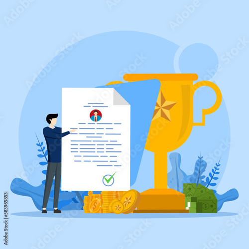 Concept of bonus money, reward program, cash back. Happy businessman receiving prize and standing near winner trophy, man getting award and bonus money.