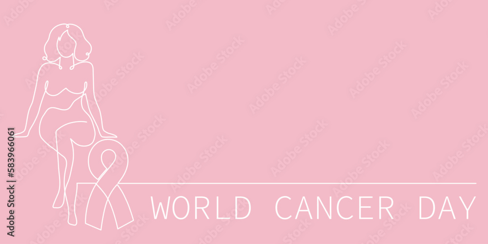 Ribbon and woman, world cancer day concept one-line art,fight against oncological disease hand drawn continuous contour,support and help decoration.Editable stroke.Isolated.Vector illustration