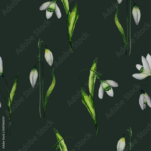 Watercolor snowdrops pattern on dark background. Spring flowers seamless pattern.