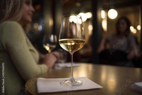 photo of a glass of white wine in a restaurant in good company
