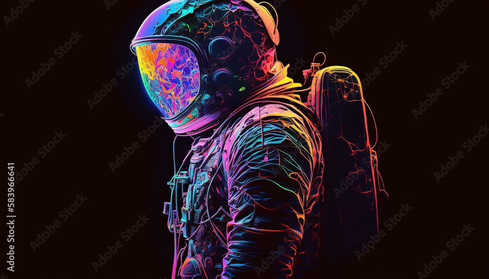 Neon astronaut on black background, selective focus, Generative AI,