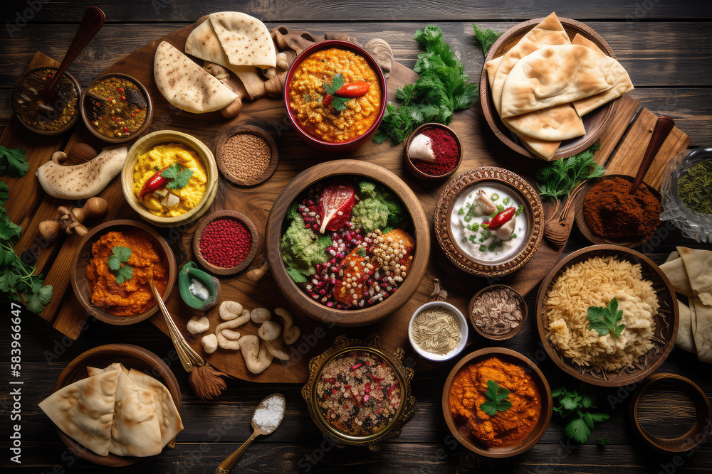top view of Assorted indian food on dark wooden background. top view of Assorted indian food on dark wooden background.