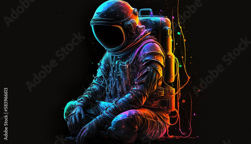 Neon astronaut on black background, selective focus, Generative AI,