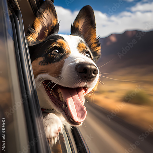 Happy Dog with Head Out the car window. Generative AI