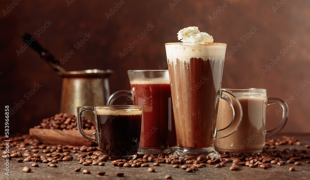 Various coffee and chocolate drinks on a brown background. Various coffee and chocolate drinks on a brown background.