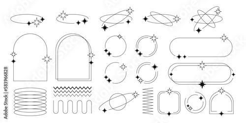 Set of Y2K border line frames with stars, labels, stickers, abstract wavy and circle elements.