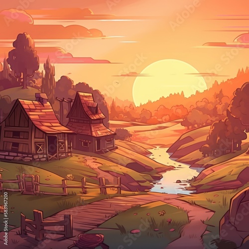 Sunset landscape and village