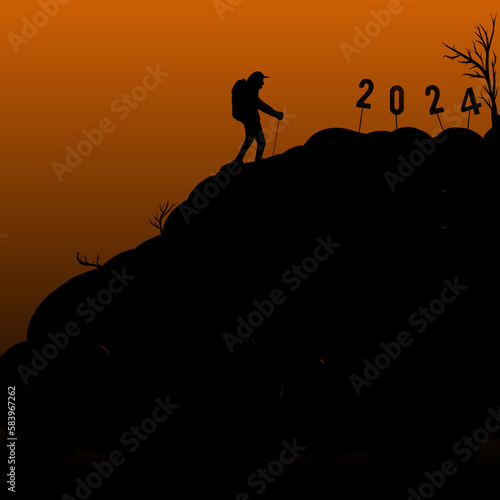 silhouette of a person climbing a mountain with a sign saying 2024