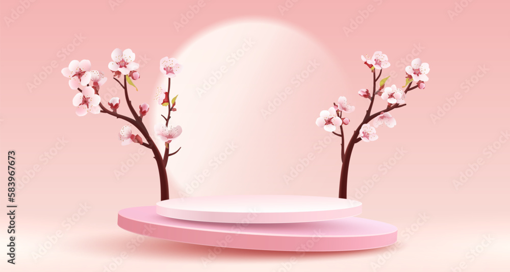 Podium nature presentation, season banner beauty, sakura holiday event. Vector Podium nature presentation, season banner beauty, sakura holiday event. Vector