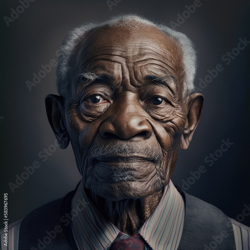 High detailed close up portrait of a confident old african american man with white hair on dark background. Generative AI.