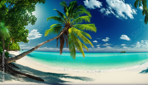 Tropical island with palm trees, selective focus, Generative Ai,