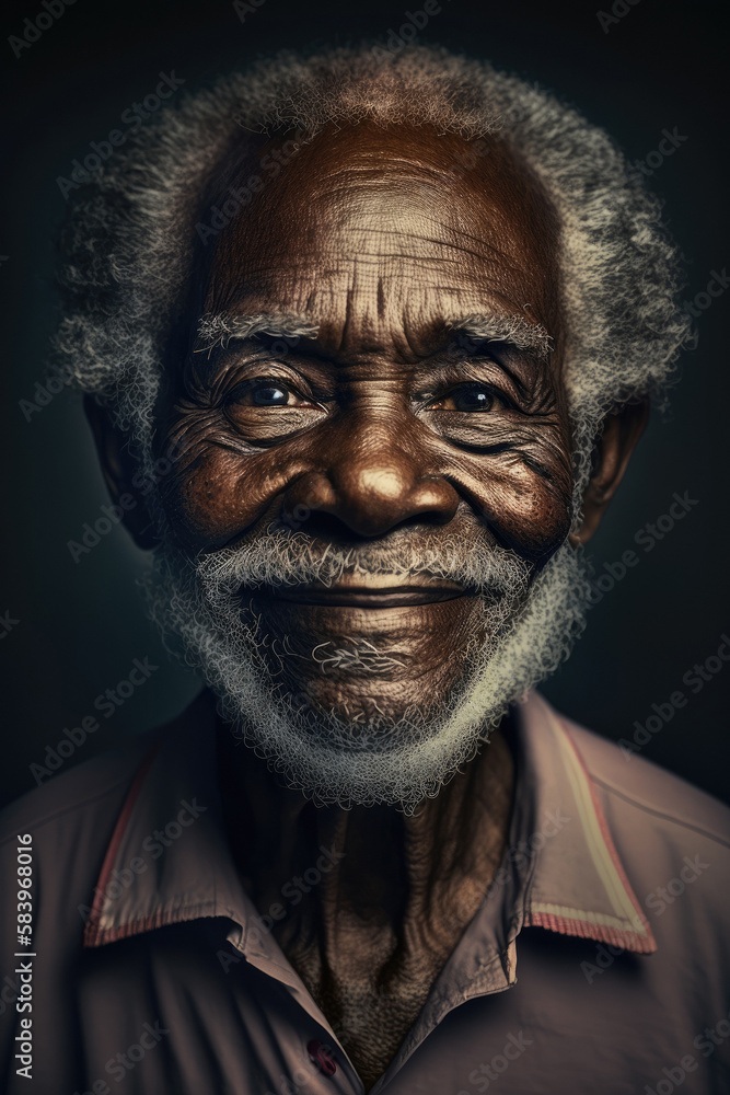 High detailed close up portrait of a confident smiling old african american man with white hair on dark background. light. Generative AI.