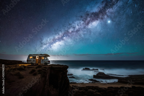 Caravan standing on top of a cliff surrounded by a detailed milky way on the sky. Night shot. Summer. Generative AI.