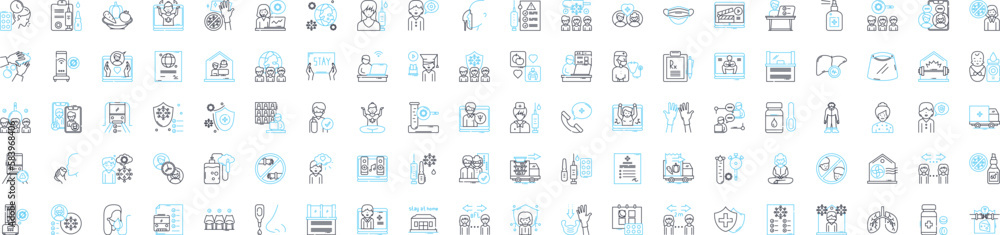 Covid vector line icons set. Covid, Pandemic, Virus, Coronavirus, Lockdown, Infection, Testing illustration outline concept symbols and signs Covid vector line icons set. Covid, Pandemic, Virus, Coronavirus, Lockdown, Infection, Testing illustration outline concept symbols and signs