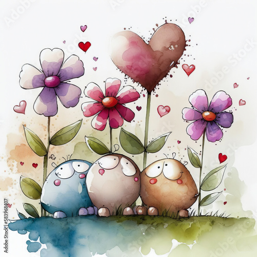 Valentine Day Watercolor animals, flowers and hearts love couple. Generative AI. photo