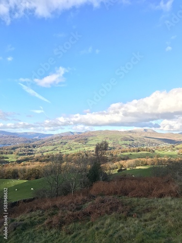 Mountain View with rugged countryside and a dramatic blue sky background. Cumbria England. 