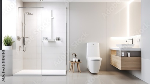 modern bathroom interior with shower and toilet, white design, minimalist, Generative AI