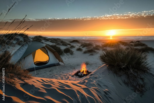 Small tent on the beach at sunset next to a campfire. Sunset shot. Summer. Generative AI.