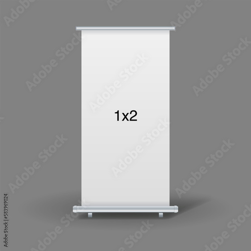 An empty standee or rollup banner display mockup on isolated white background. Display mockup for presentation or exhibition product. Vertical blank roll up stand template in 1x2 sizes.