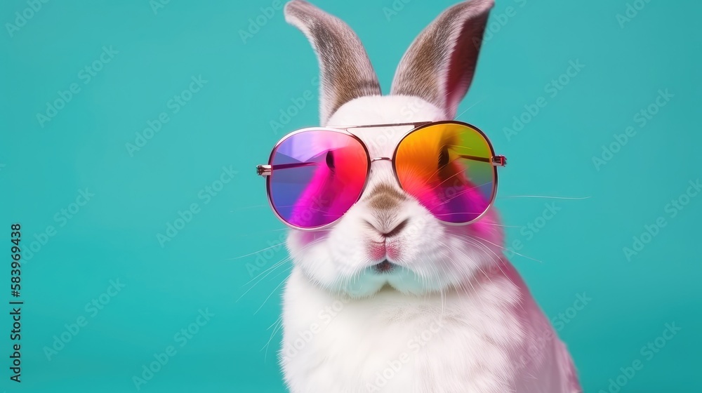 Cool bunny with sunglasses on a colorful background. Happy Easter card. Generative AI
