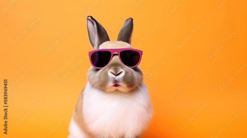 Cool bunny with sunglasses on a colorful background. Happy Easter card. Generative AI