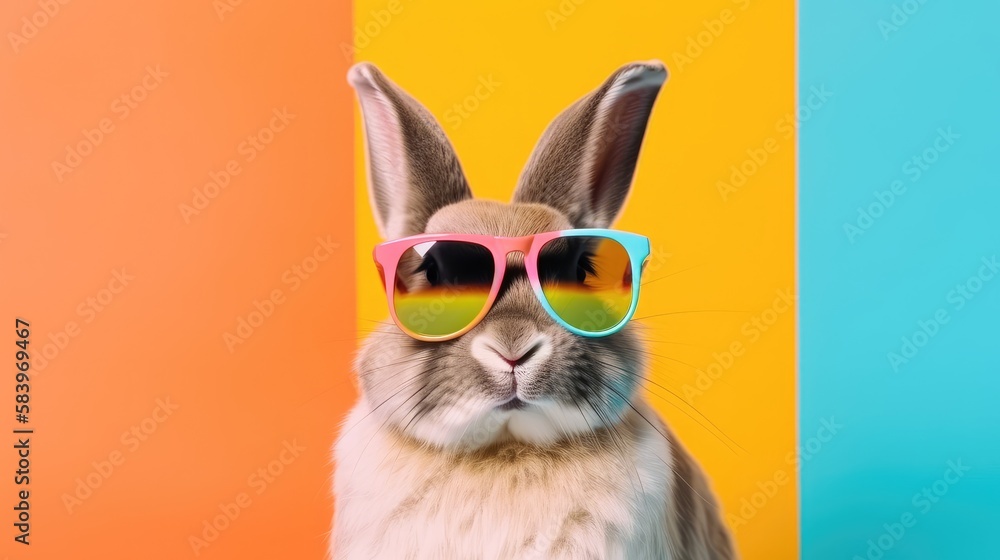 Cool bunny with sunglasses on a colorful background. Happy Easter card. Generative AI Cool bunny with sunglasses on a colorful background. Happy Easter card. Generative AI