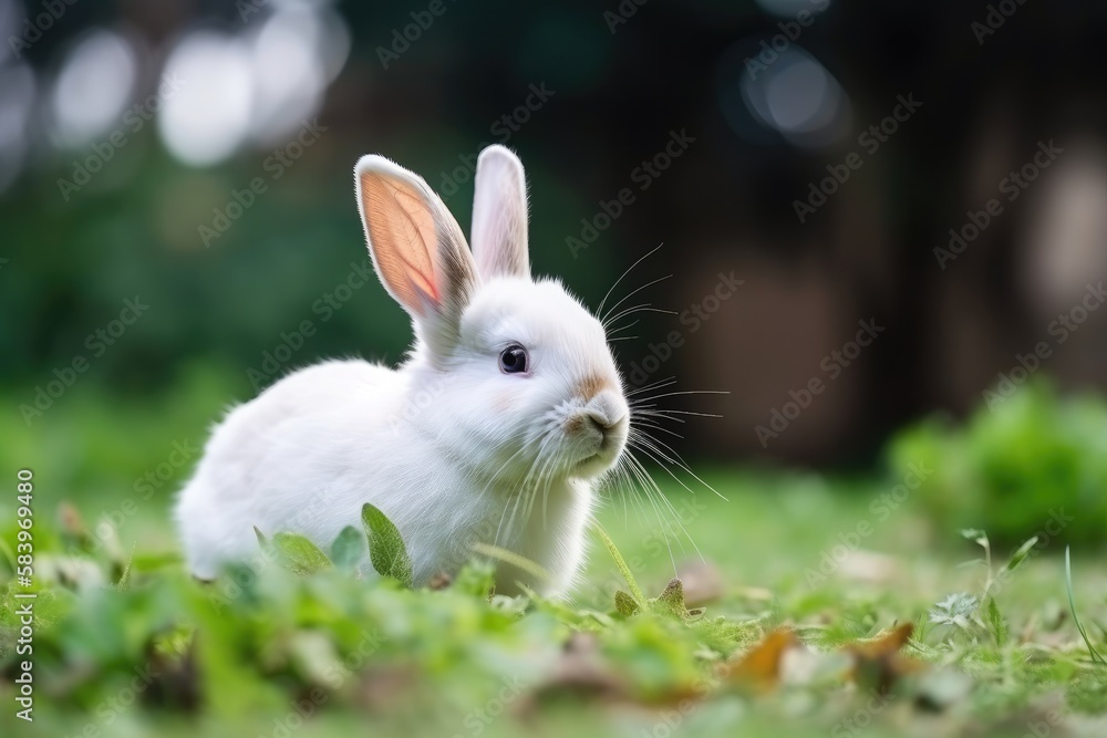 Adorable white rabbit on a green grass. Easter concept. Generative AI Adorable white rabbit on a green grass. Easter concept. Generative AI