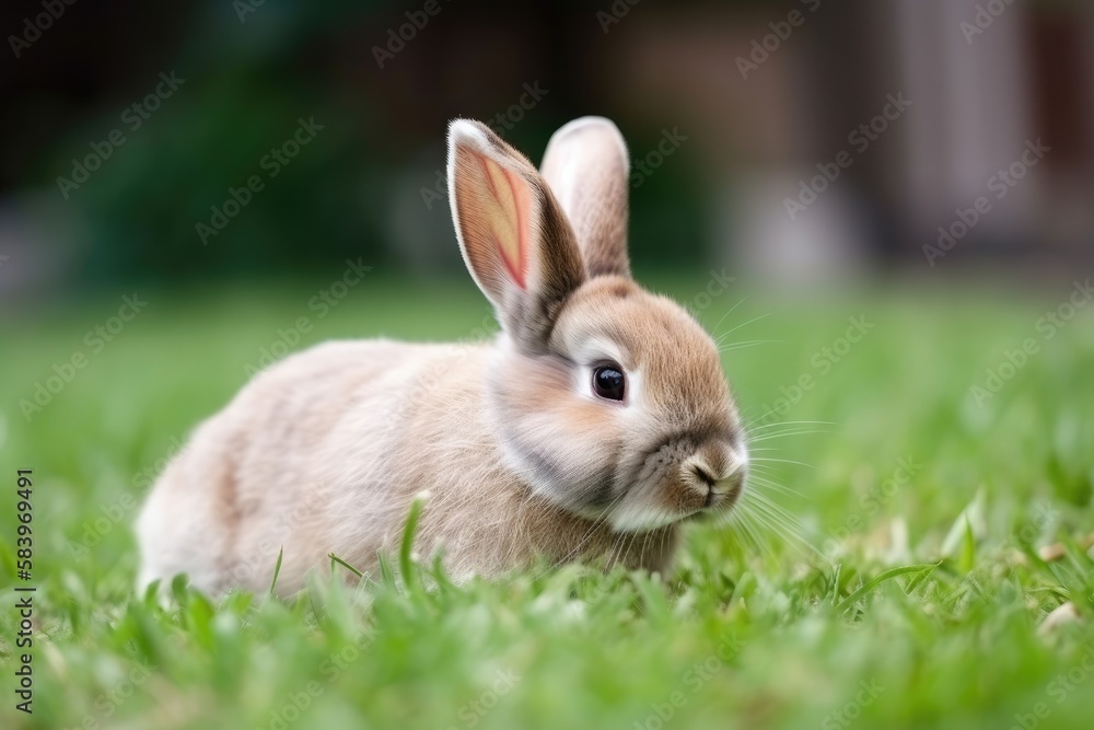 Adorable white rabbit on a green grass. Easter concept. Generative AI Adorable white rabbit on a green grass. Easter concept. Generative AI