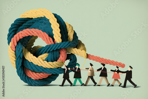 People working together to untangle a knotted rope. Generative ai