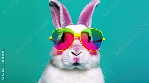 Cool bunny with sunglasses on a colorful background. Happy Easter card. Generative AI