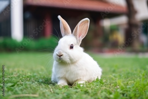 Adorable white rabbit on a green grass. Easter concept. Generative AI