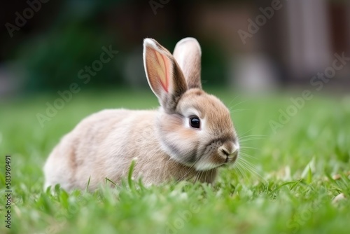 Adorable white rabbit on a green grass. Easter concept. Generative AI