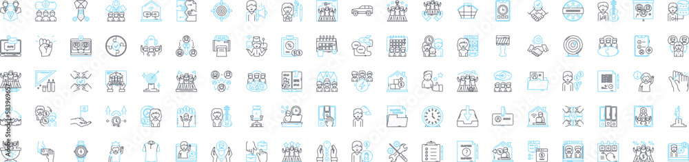 Work office vector line icons set. Workplace, Desk, Office, Computer, Chair, Printer, Scanner illustration outline concept symbols and signs
