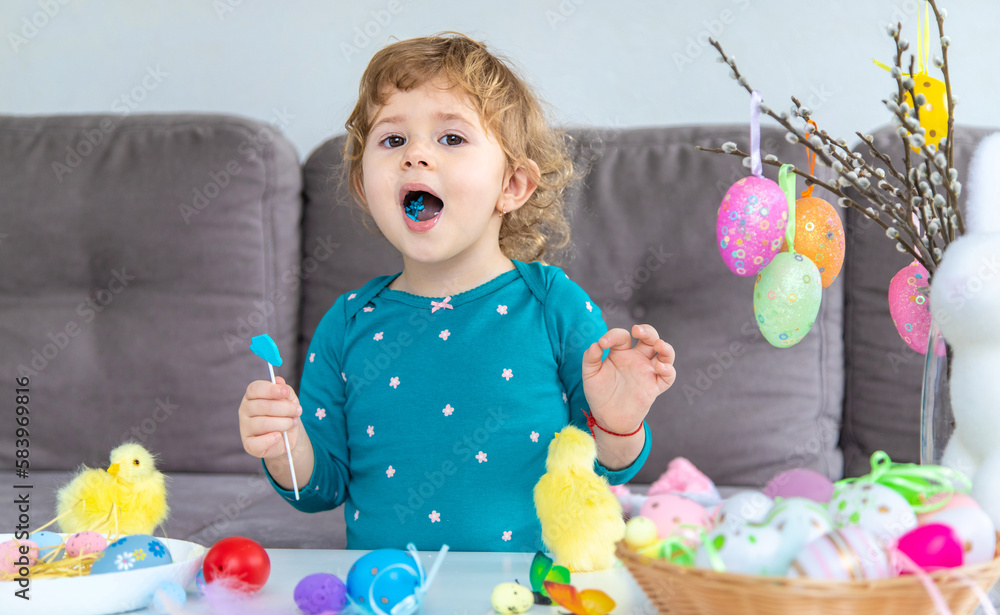 Happy Easter kids with eggs. Selective focus. Happy Easter kids with eggs. Selective focus.